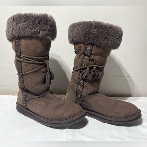 LL Bean Shearling Lined Suede Boots Pull On Tall Winter Brown Aztec Women’s 8